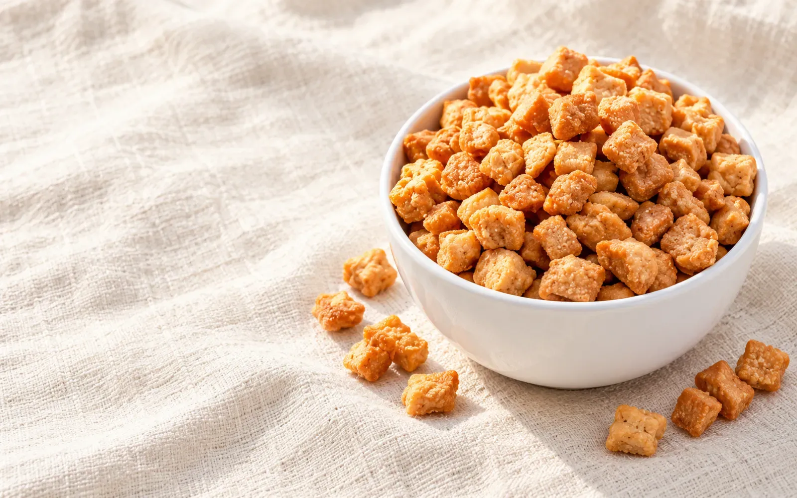 Golden chinchin cubes in a white bowl