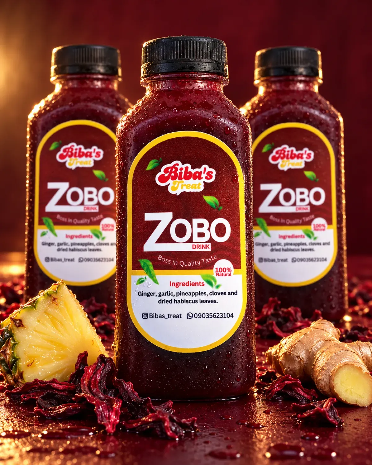 Chilled bottles of Biba's Treats zobo with maroon and gold labels